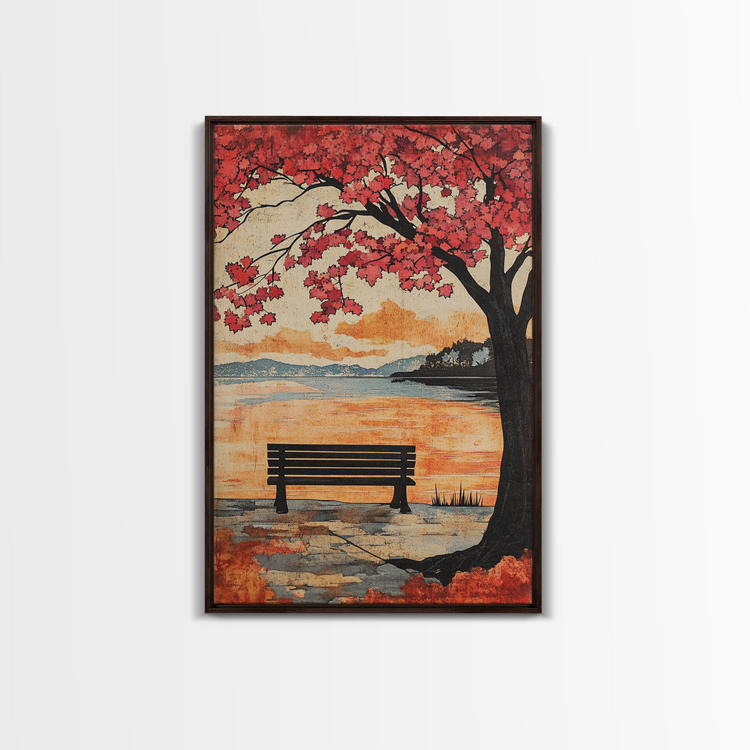 Red Maple Tree Bench By Quiet Lake Wall Art, Japanese Garden Print, Autumn Sunset Decor, Serene Living Room Wall Decor, Housewarming Gift