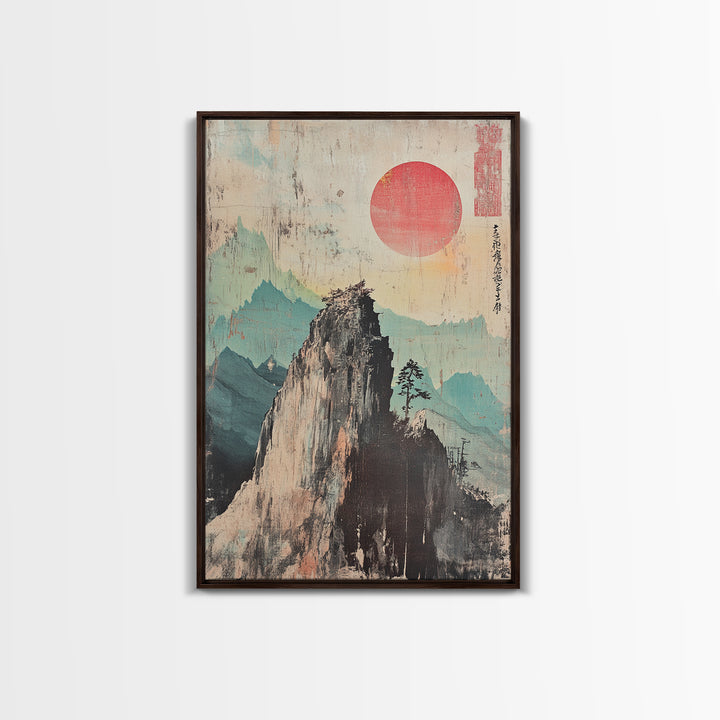 Misty Mountain Peak With Red Sun Wall Art, Japanese Landscape Print, Zen Home Decor, Calm Office Decor, Nature Wall Art Print