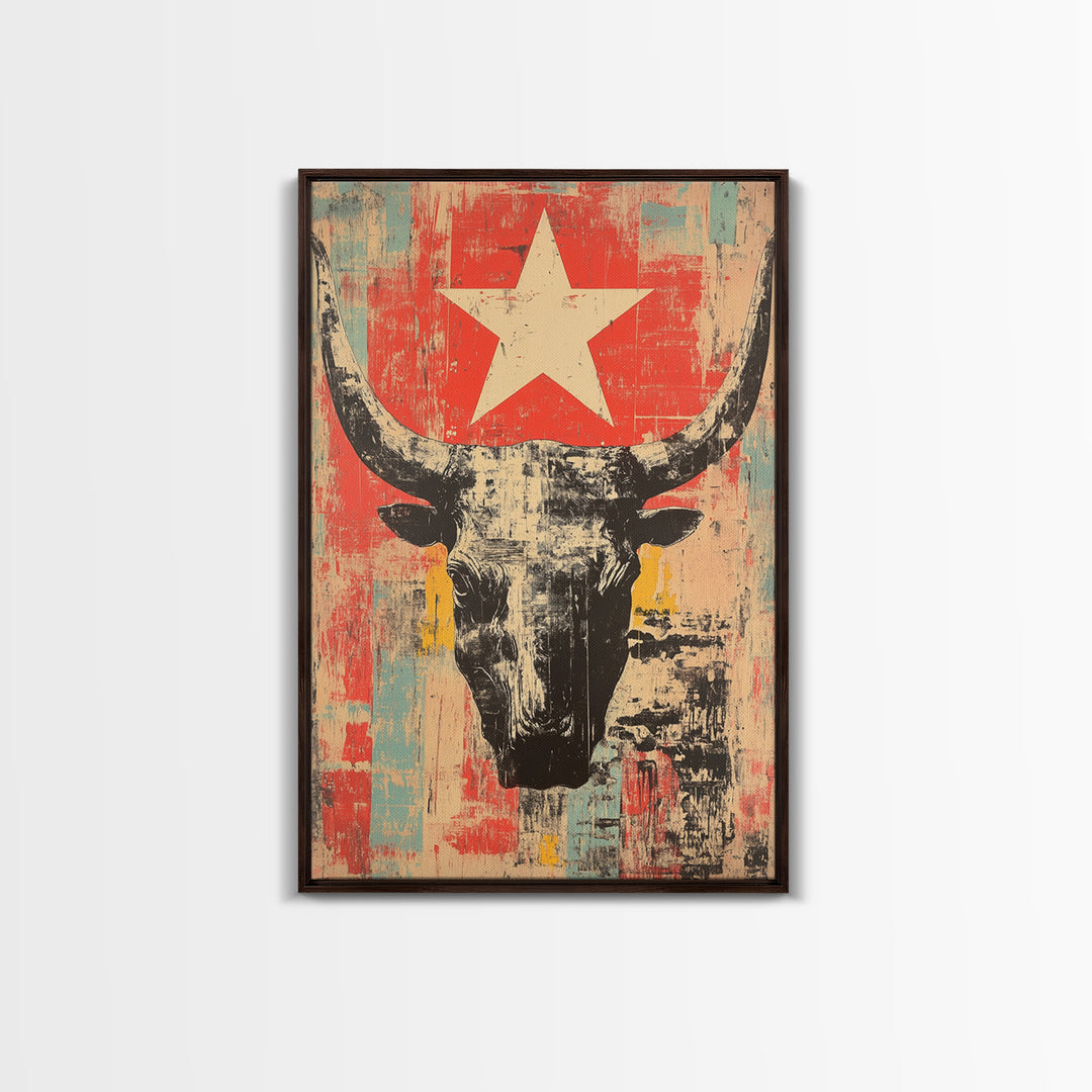 Longhorn Skull With White Star Canvas Print, Western Wall Art, Southwestern Decor, Rustic Ranch Art, Bold Living Room Decor