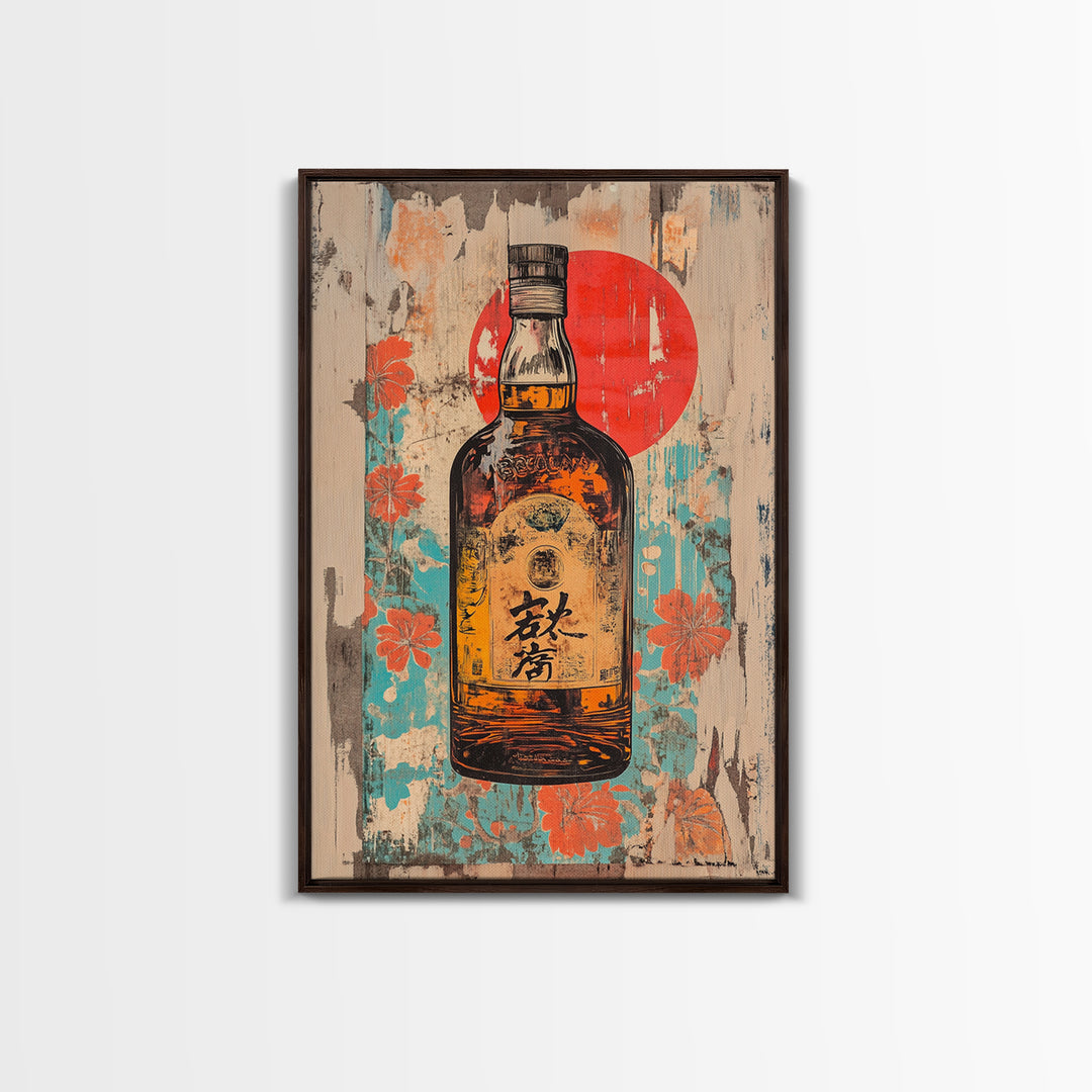Japanese Whisky Bottle With Red Sun Canvas Print, Retro Bar Art, Floral Kitchen Decor, Home Bar Wall Decor, Gift For Him