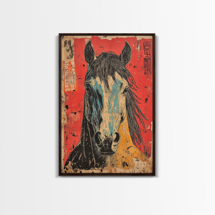 Expressive Horse Portrait On Red Canvas Print, Western Equestrian Wall Art, Rustic Ranch Decor, Horse Lover Gift, Living Room Decor