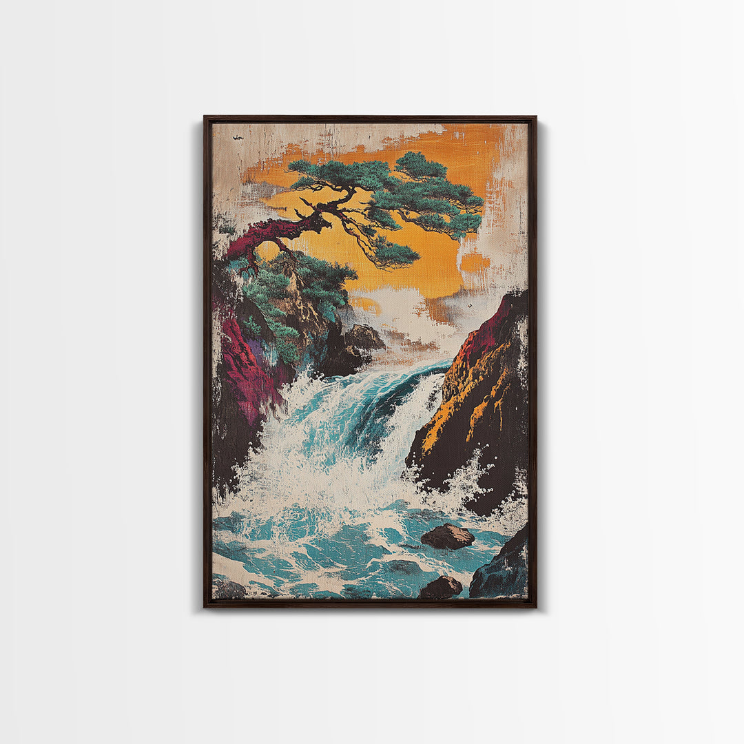 Pine Tree Waterfall Mountain Framed Canvas Print, Japanese Landscape Art, Nature Wall Decor, Serene Asian Home Decor, Living Room Art