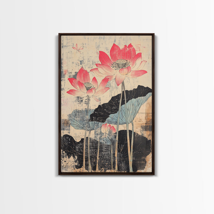 Pink Lotus Flowers With Ink Leaves Wall Art, Botanical Japanese Print, Asian Inspired Decor, Feminine Bedroom Wall Decor