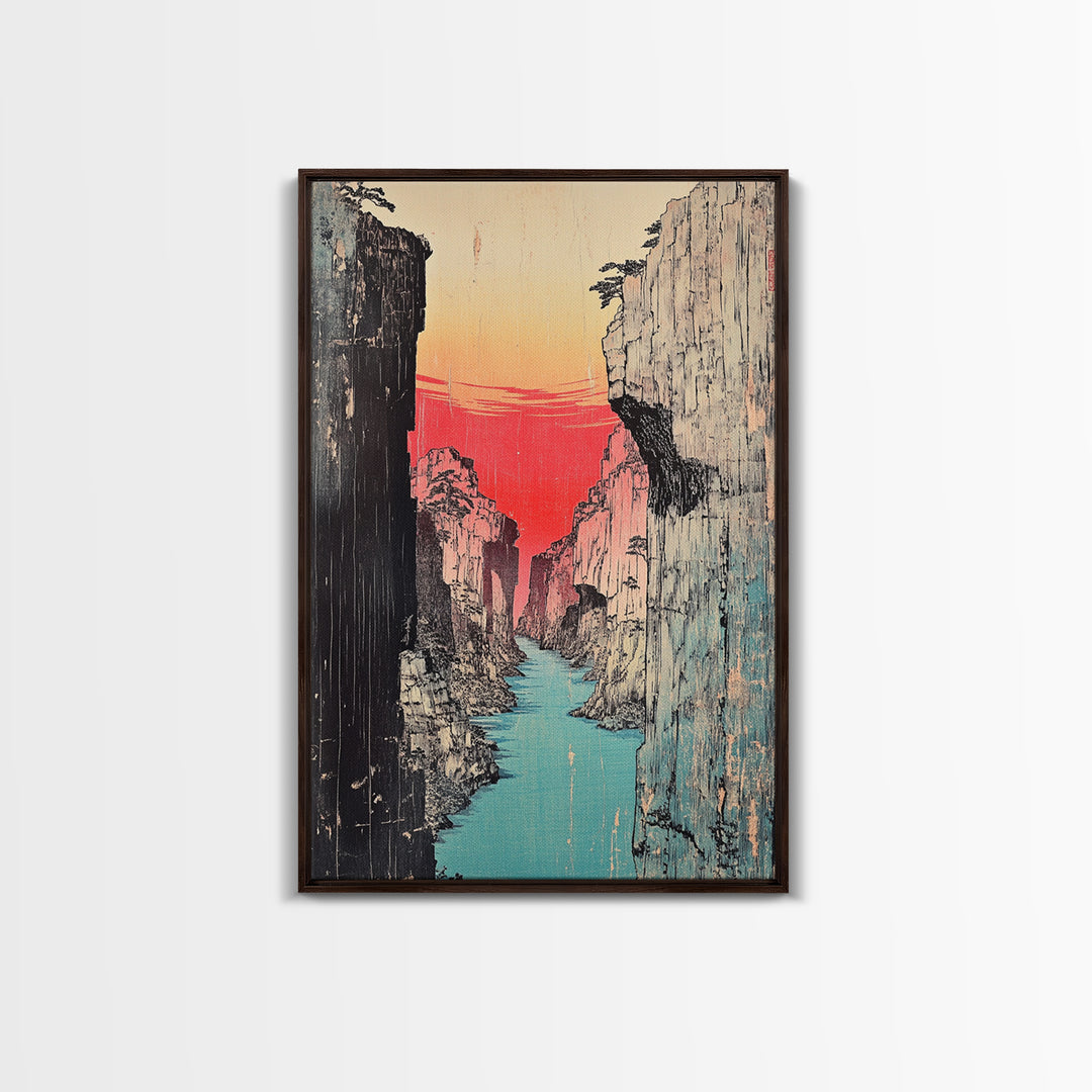 Red Sunset Canyon River Canvas Print, Japanese Gorge Landscape, Dramatic Nature Wall Decor, Asian Inspired Office Art, Home Decor