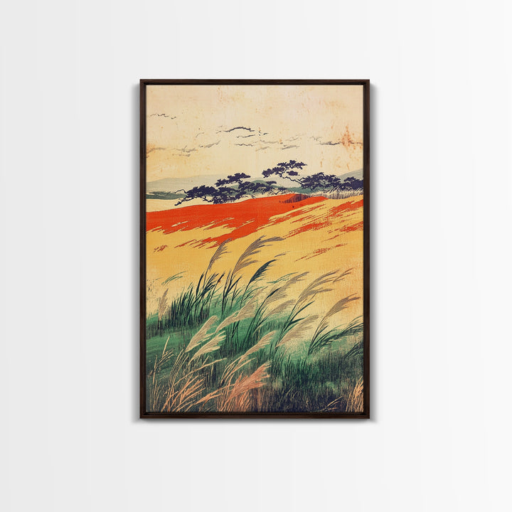 Golden Meadow Grasses And Coastal Hills Wall Art, Rustic Country Landscape Print, Farmhouse Decor, Warm Nature Canvas Print