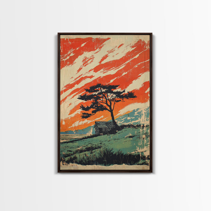 Lone Tree Cabin And Orange Mountain Sky Wall Art, Rustic Landscape Print, Western Home Decor, Statement Framed Canvas Print