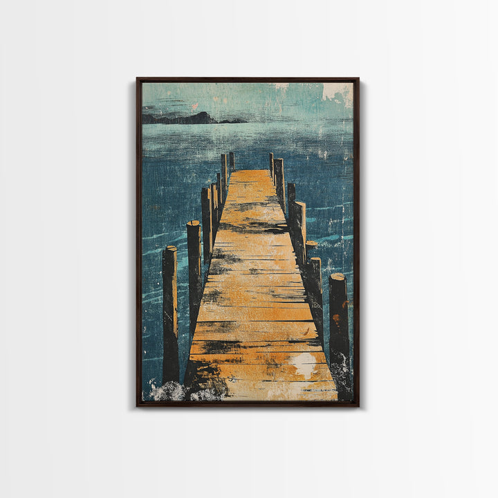 Wooden Dock Over Blue Lake Wall Art, Coastal Pier Landscape Print, Lake House Decor, Nautical Framed Canvas Print, Living Room Decor
