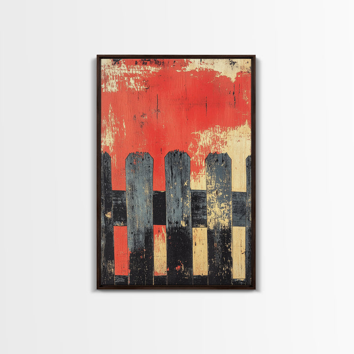 Black Picket Fence On Red Background Wall Art, Rustic Abstract Print, Farmhouse Wall Decor, Modern Canvas Print, Bold Home Decor