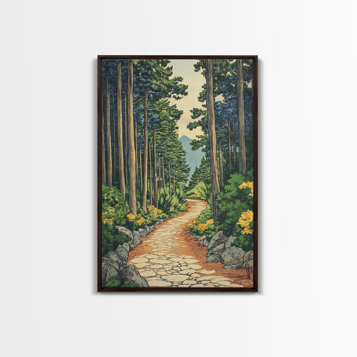 Pine Forest Path With Yellow Flowers Wall Art, Nature Landscape Print, Cabin Decor, Peaceful Framed Canvas Print, Living Room Decor