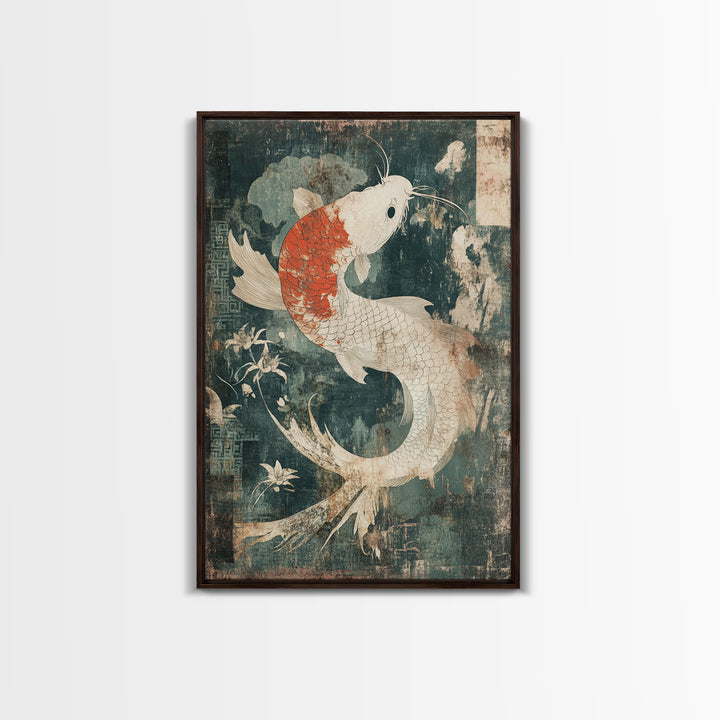 White And Orange Koi Fish Framed Canvas Print, Japanese Wall Art, Zen Home Decor, Asian Inspired Living Room Decor, Koi Wall Decor