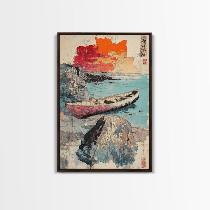 Weathered Canoe And Sea Cliffs Wall Art, Japanese Coastal Print, Ocean Landscape Decor, Nautical Living Room Wall Art, Home Decor
