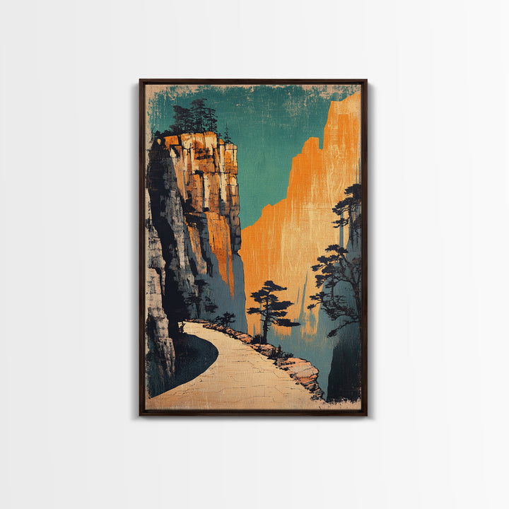 Golden Mountain Path Framed Canvas Print, Japanese Landscape Wall Art, Japandi Decor, Nature Wall Art, Entryway Wall Decor