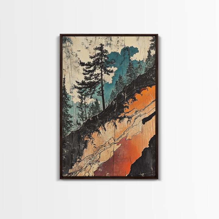Teal Forest Cliff Abstract Landscape Wall Art, Japanese Woodblock Canvas Print, Rustic Nature Decor, Modern Living Room Decor