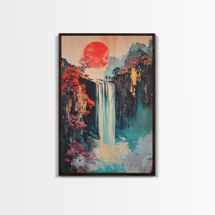Red Sun Waterfall Mountain Landscape Wall Art, Japanese Woodblock Print Style, Teal Coastal Decor, Zen Living Room Art Print