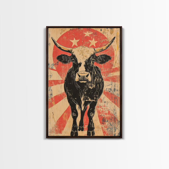 Black Longhorn Bull Retro Western Wall Art, Rustic Farmhouse Cowboy Canvas Print, Bold Animal Print, Man Cave Home Decor, Gift For Him