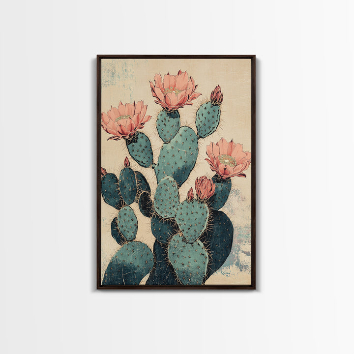 Blooming Prickly Pear Cactus Wall Art, Southwestern Botanical Canvas Print, Pink Floral Desert Decor, Boho Home Decor, Gift For Her