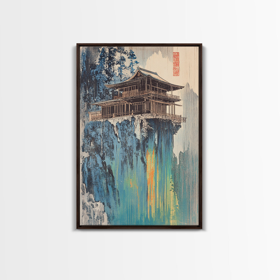 Cliffside Pagoda Temple Wall Art, Asian Mountain Landscape Canvas Print, Japandi Zen Decor, Statement Artwork For Home Decor