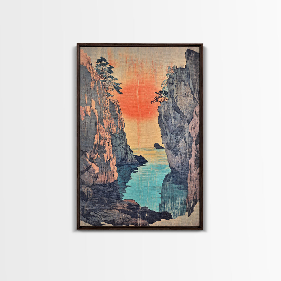 Sunset Sea Canyon Between Cliffs Framed Canvas Print, Japanese Wall Art, Coastal Landscape Poster, Ocean Decor Gift For Her