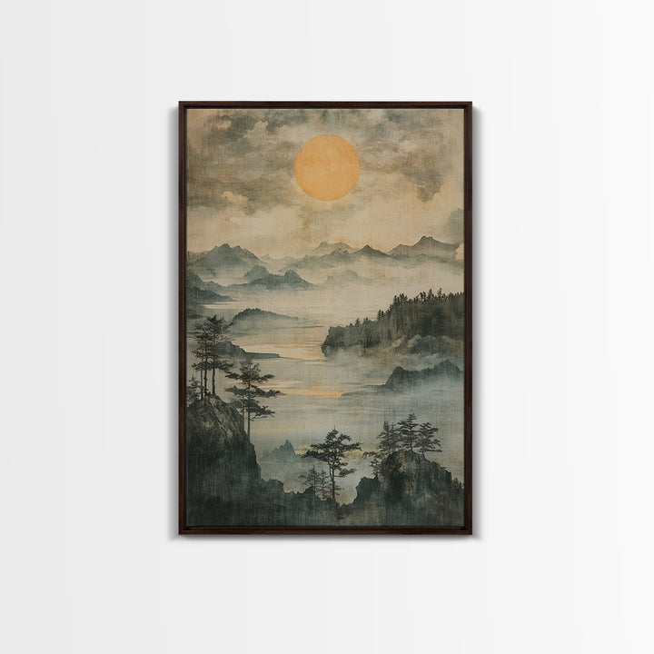 Misty Mountain Lake With Golden Sun Wall Art, Japanese Landscape Canvas Print, Serene Forest Decor, Japandi Home Decor Gift