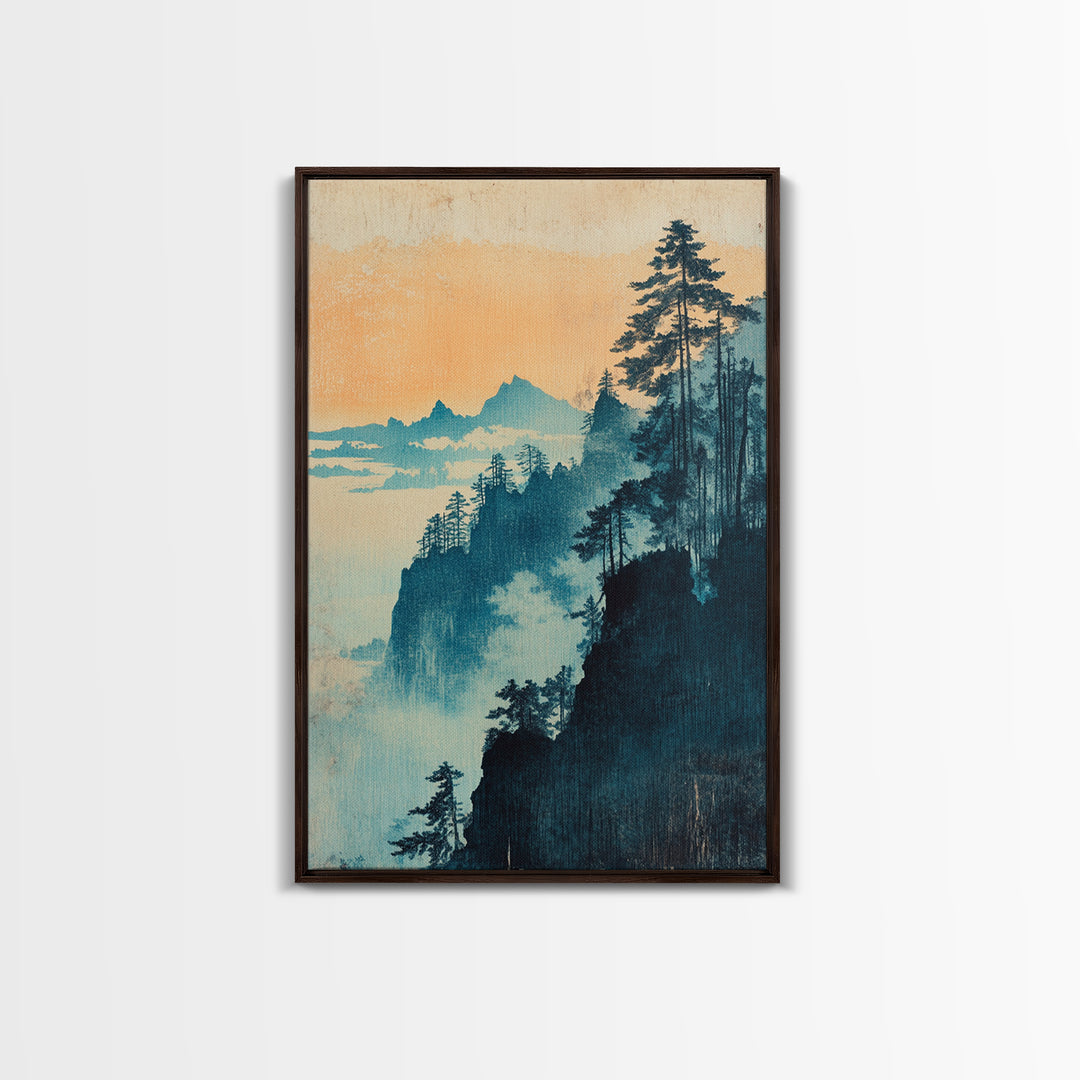 Blue Mist Forested Cliffs At Dawn Canvas Print, Japanese Landscape Wall Art, Nature Wall Decor, Serene Coastal Home Decor