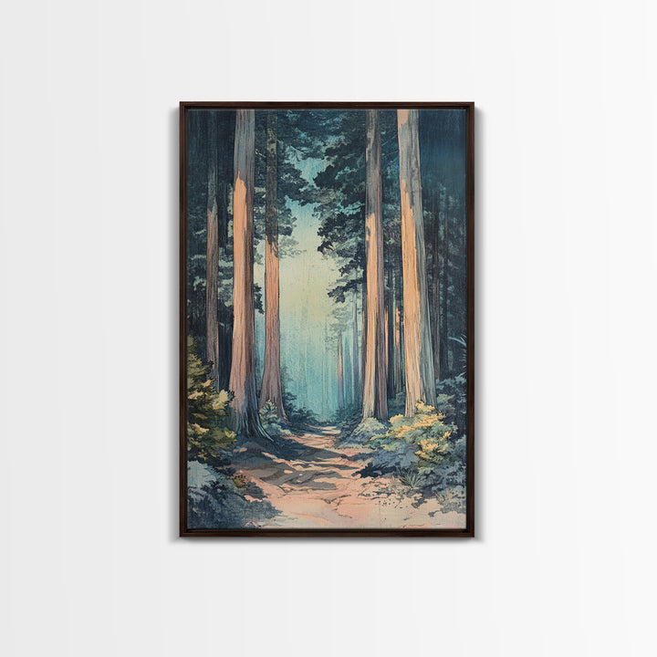 Misty Redwood Forest Path Wall Art, Tall Tree Nature Print, Moody Woodland Decor, Japandi Living Room Canvas Print For Entryway