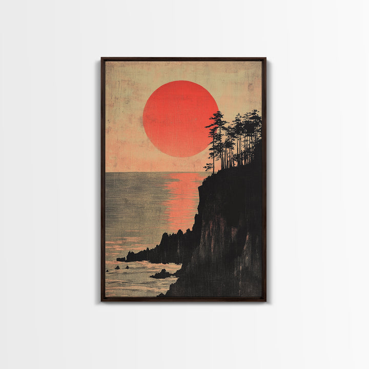 Crimson Sun Over Ocean Cliffs Wall Art, Japanese Coastal Poster, Moody Seascape Decor, Large Framed Canvas Print For Living Room