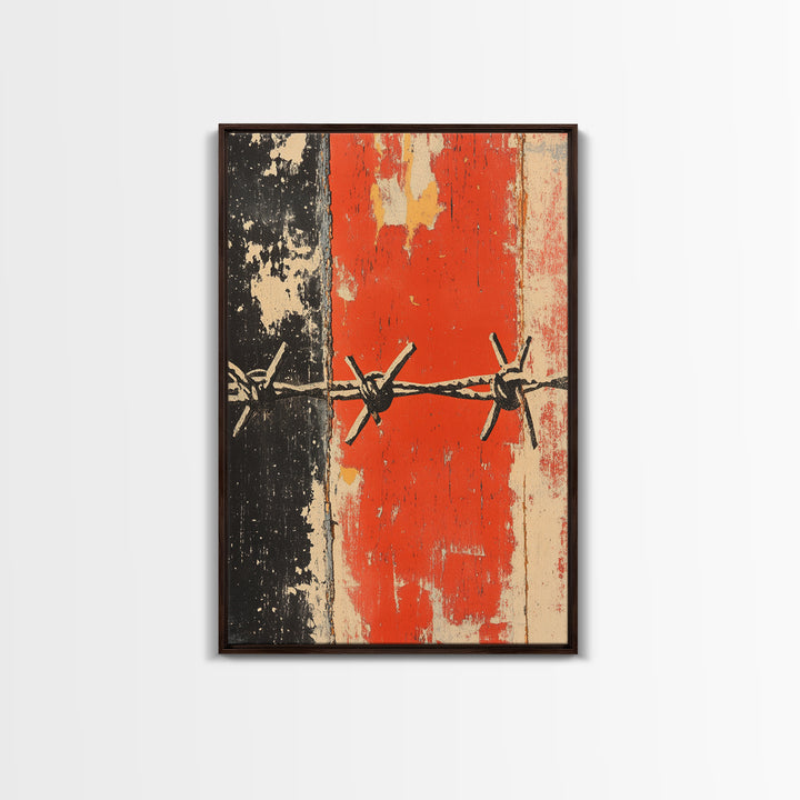 Distressed Barbed Wire On Red Black Wall Art, Industrial Abstract Poster, Edgy Rustic Decor, Modern Canvas Print For Man Cave