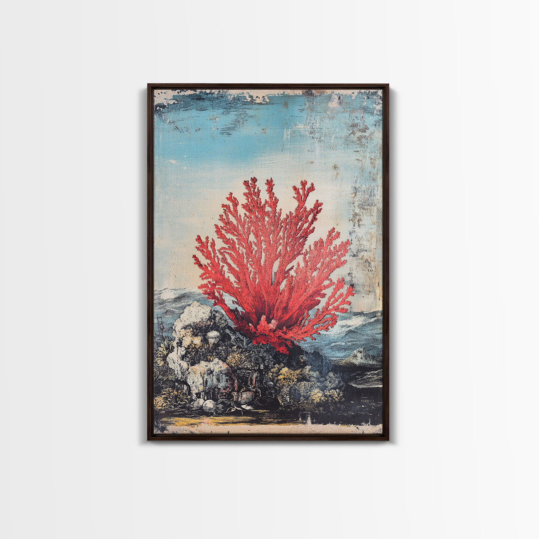 Red Sea Fan Coral On Rocks Wall Art, Coastal Ocean Botanical Print, Nautical Beach House Decor, Framed Canvas Print Gift