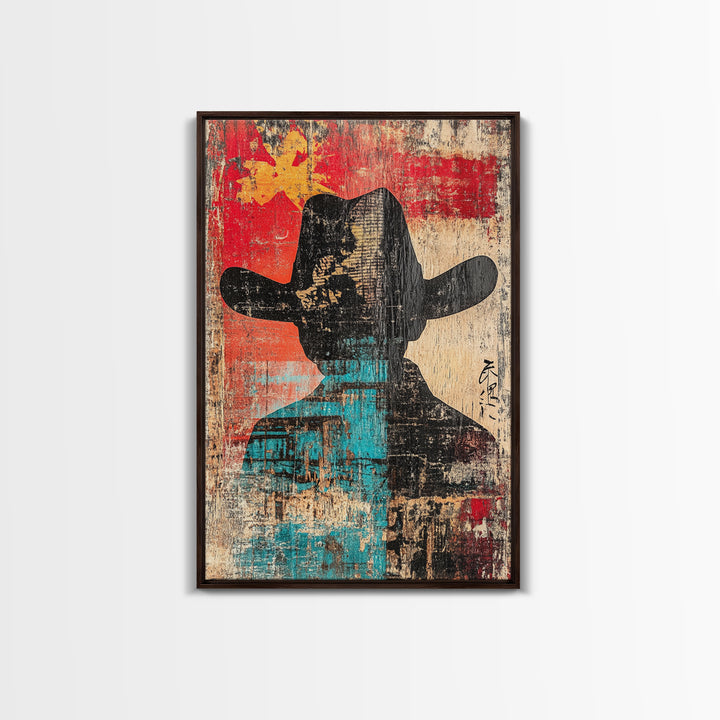 Abstract Cowboy Silhouette Wall Art, Western Canvas Print, Bold Red Teal Rustic Decor, Masculine Southwest Living Room Art