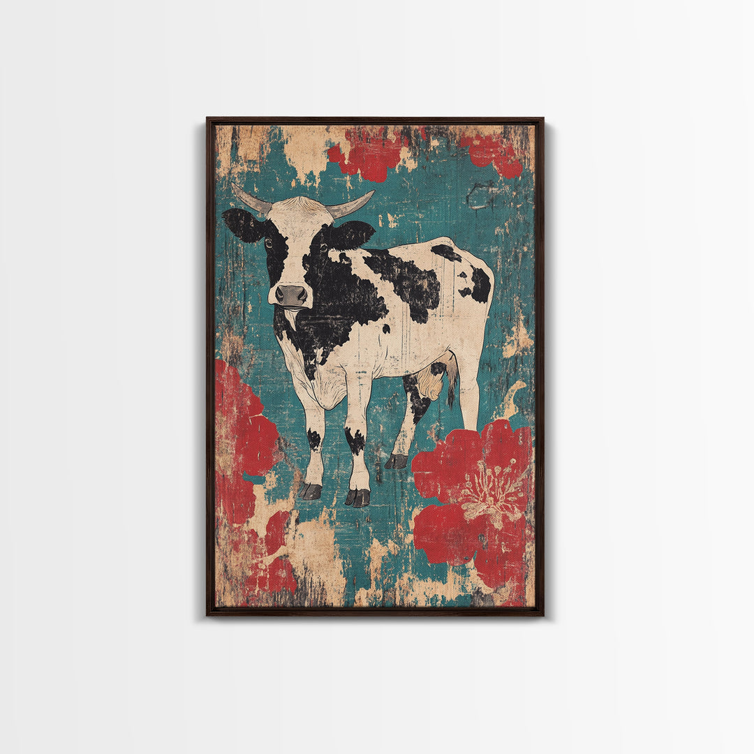 Black And White Cow Wall Art, Floral Farmhouse Canvas Print, Rustic Animal Decor, Teal Red Kitchen Living Room Art, Home Decor