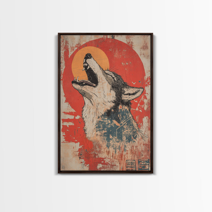 Howling Wolf Red Sun Wall Art, Rustic Wildlife Canvas Print, Southwestern Animal Decor, Moody Cabin Living Room Art Print