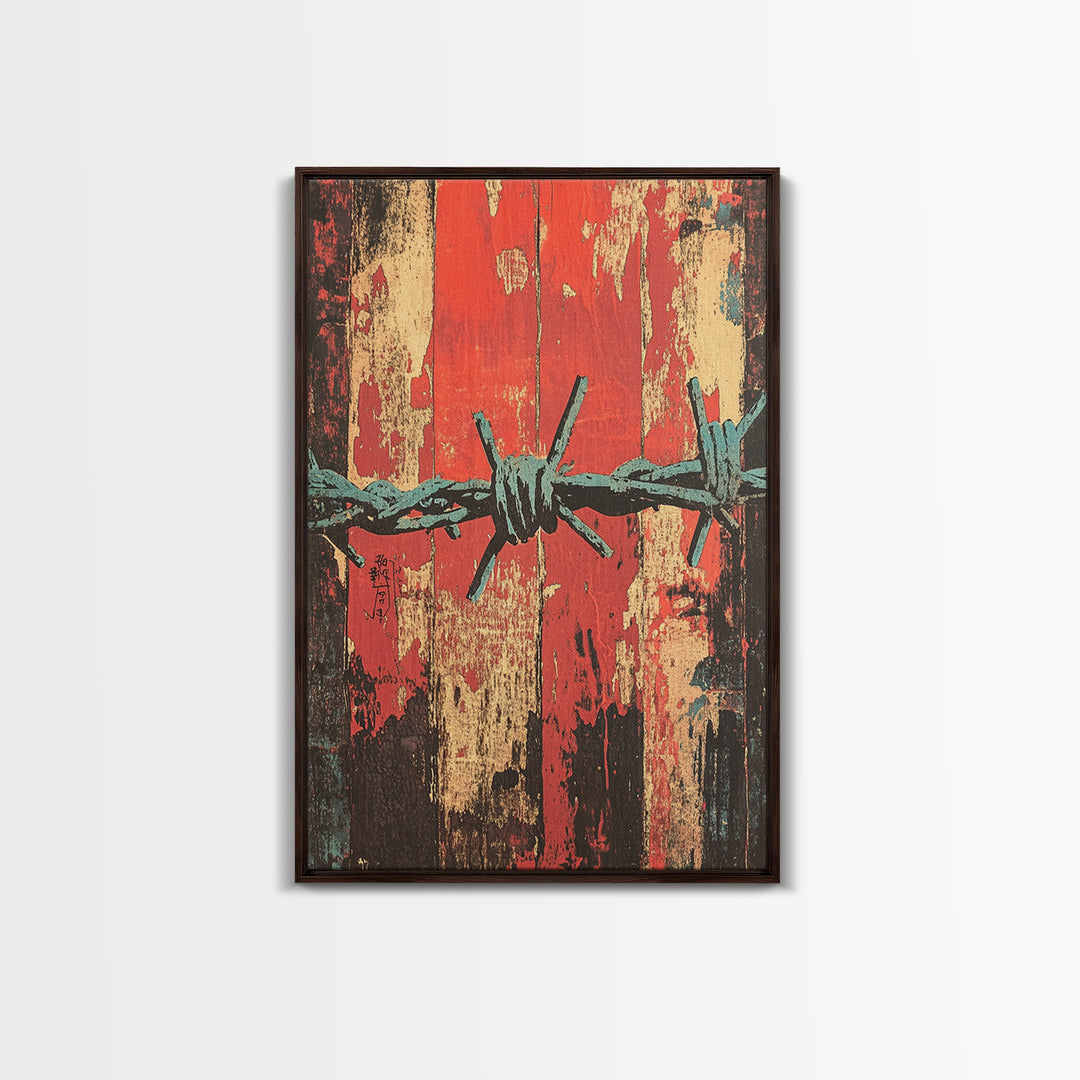 Barbed Wire Abstract Wall Art, Grunge Western Canvas Print, Red Teal Industrial Decor, Bold Rustic Statement Art For Office Decor
