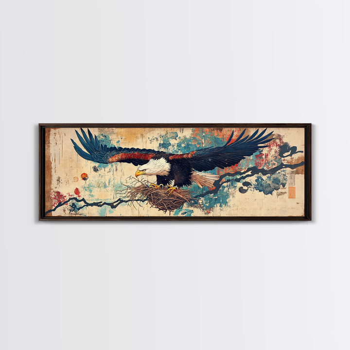 Soaring Eagle With Nest Japanese Inspired Wall Art, Panoramic Canvas Print, Asian Decor, Nature Wall Decor, Gift For Bird Lover
