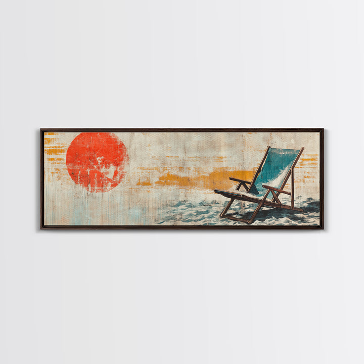 Red Sun Beach Chair Coastal Wall Art, Panoramic Canvas Print, Beach House Decor, Ocean Wall Decor, Summer Living Room Art