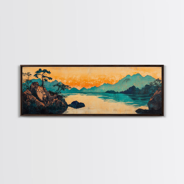 Teal Mountain Lake Japanese Landscape Wall Art, Panoramic Canvas Print, Asian Inspired Decor, Serene Living Room Decor, Housewarming Gift