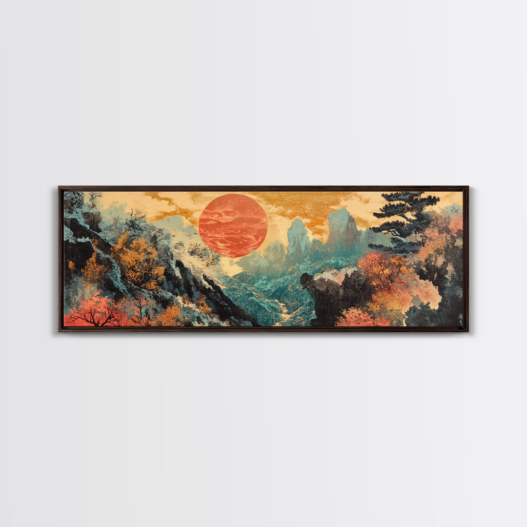 Red Sun Autumn Mountains Japanese Wall Art, Framed Canvas Print, Panoramic Landscape, Japandi Decor, Large Living Room Art