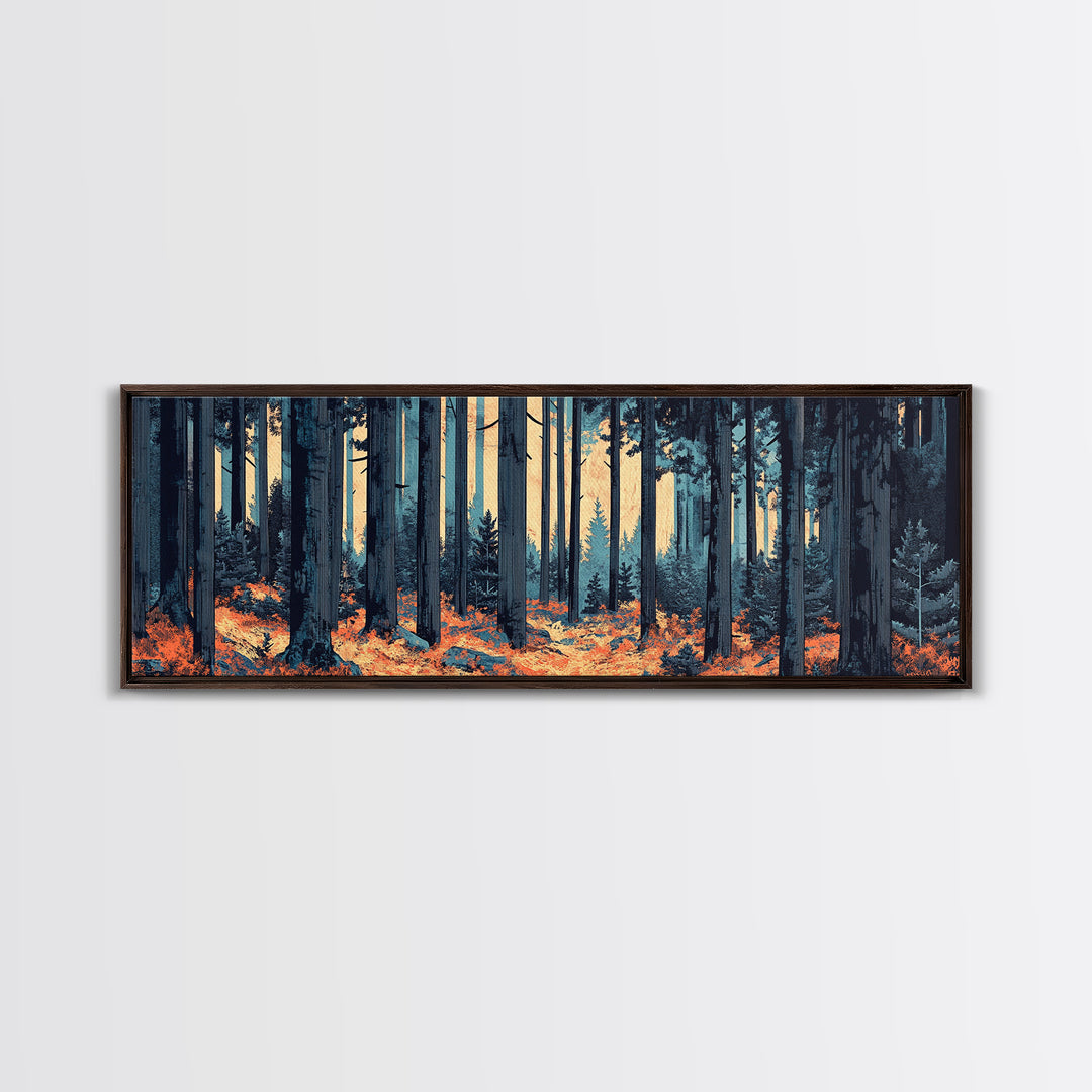 Blue Pine Forest With Orange Leaves Wall Art, Long Horizontal Canvas Print, Woodland Nature Decor, Moody Living Room Art