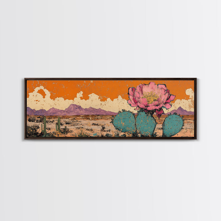 Pink Prickly Pear Cactus Desert Wall Art, Framed Canvas Print, Southwestern Decor, Orange Landscape, Gift For Plant Lover