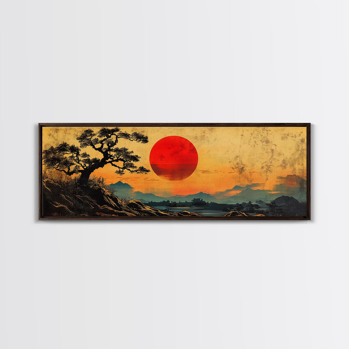 Red Sunset Over Pine Tree Japanese Wall Art, Panoramic Canvas Print, Japandi Landscape Decor, Zen Living Room Wall Art Print
