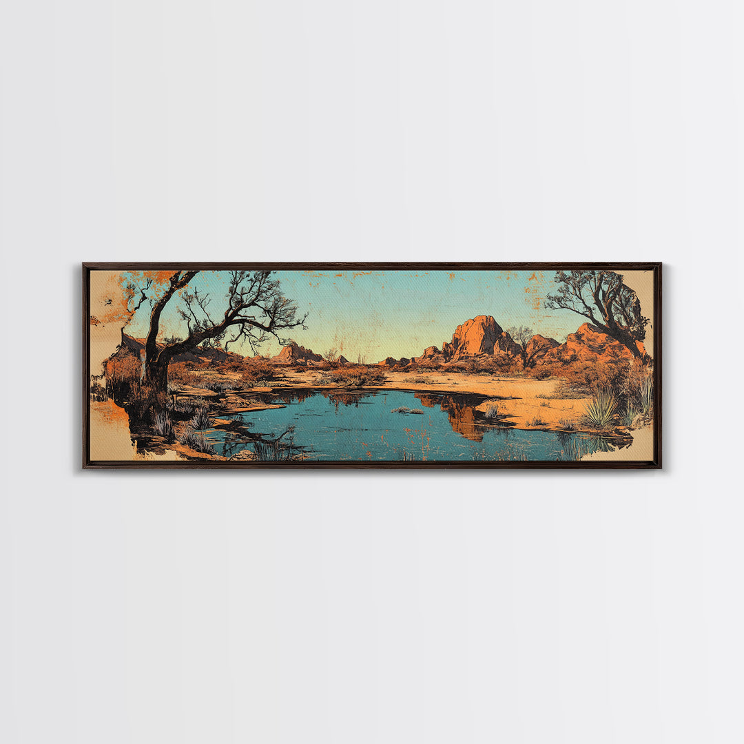 Southwestern Desert Lake Reflection Wall Art, Long Horizontal Canvas Print, Rustic Landscape, Warm Earth Tone Living Room Decor