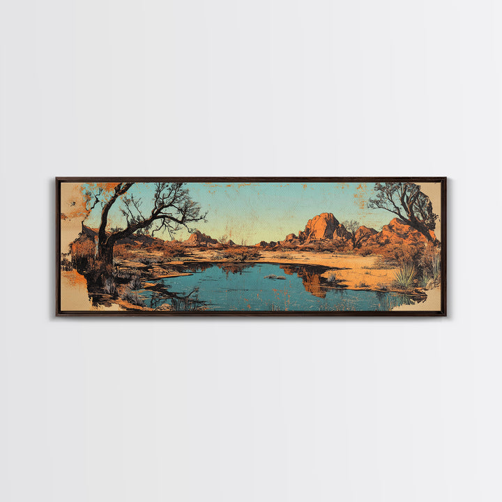 Southwestern Desert Lake Reflection Wall Art, Long Horizontal Canvas Print, Rustic Landscape, Warm Earth Tone Living Room Decor