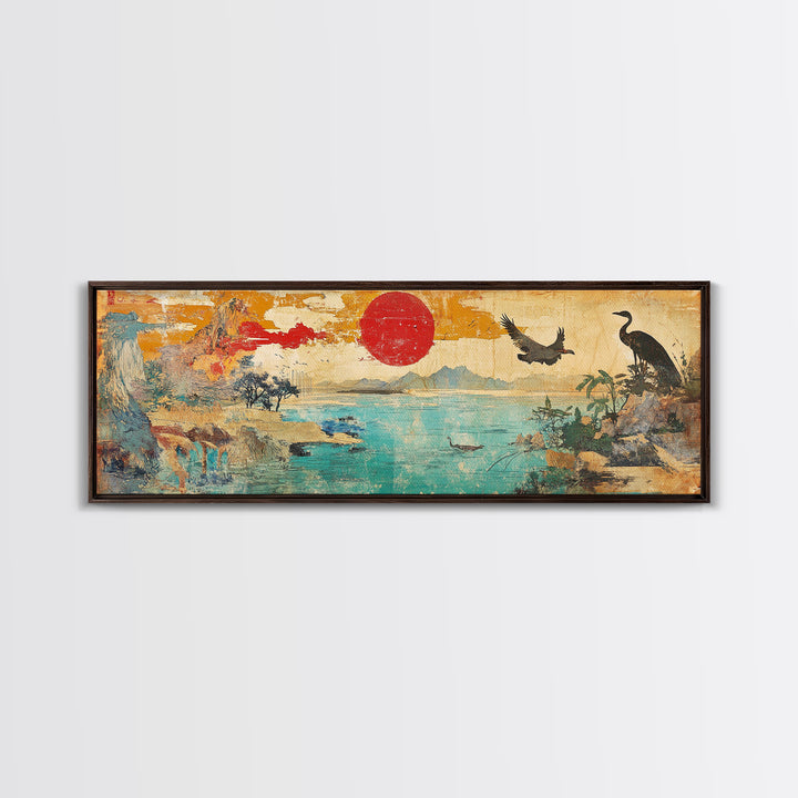Red Sun Coastal Crane And Deer Wall Art, Panoramic Canvas Print, Japanese Landscape, Bird Wildlife Decor For Living Room