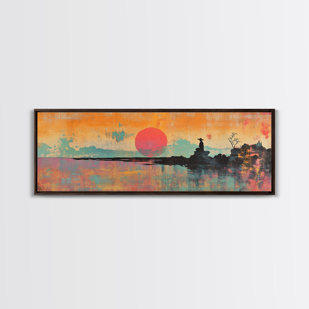 Abstract Orange Sun Over Still Water Wall Art, Framed Canvas Print, Minimalist Seascape, Japandi Modern Coastal Bedroom Decor