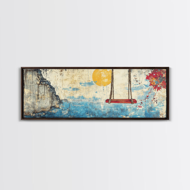 Ocean Cliff Swing Yellow Moon Wall Art, Long Horizontal Canvas Print, Coastal Blue Seascape, Japanese Minimalist Bedroom Decor