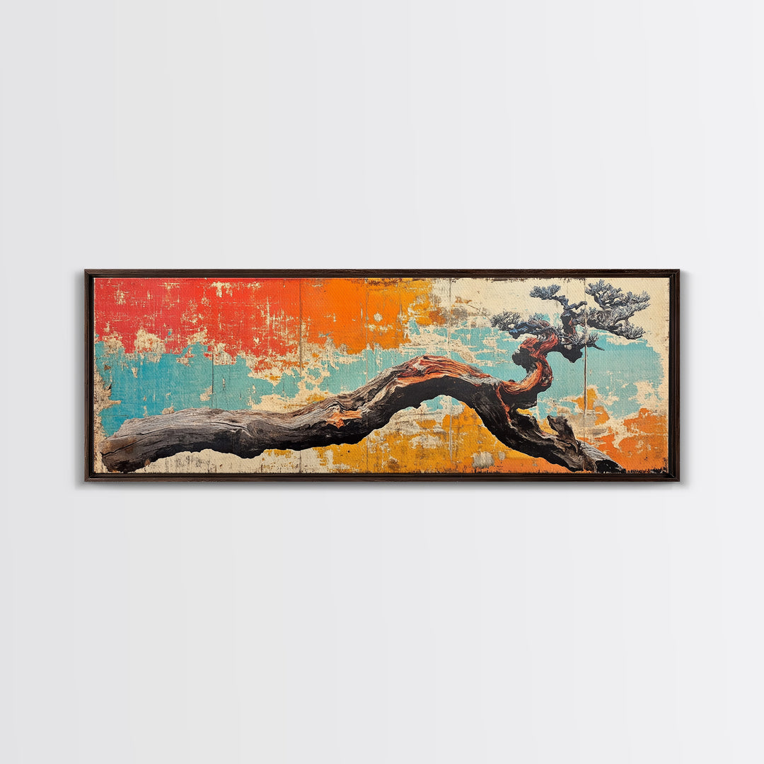 Gnarled Bonsai Tree Branch Wall Art, Japanese Nature Print, Wabi Sabi Decor, Rustic Horizontal Canvas For Modern Living Room