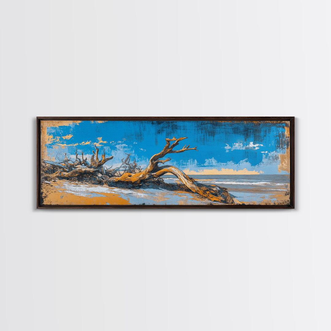 Driftwood Beach And Blue Sky Canvas Print, Coastal Wall Art, Nautical Landscape Decor, Large Horizontal Print For Beach House