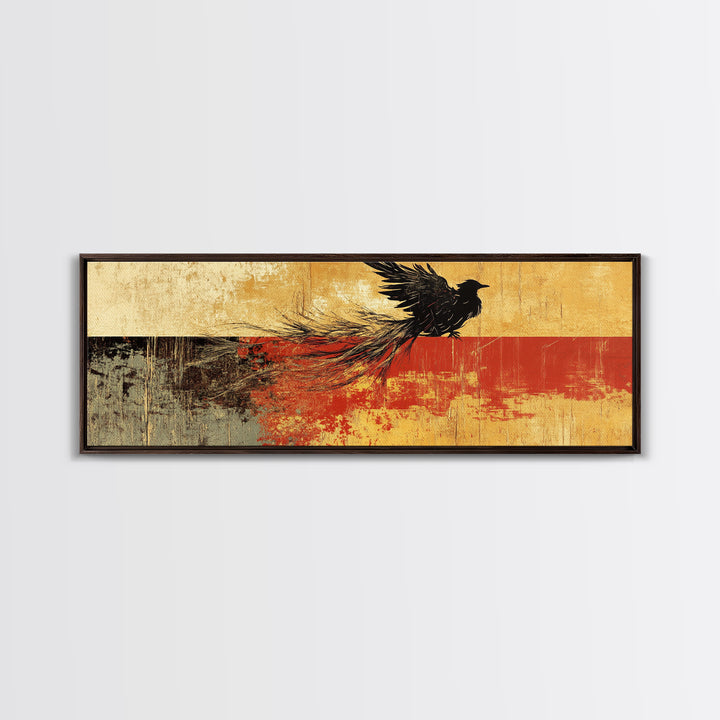 Black Bird In Flight Wall Art, Japanese Raven Print, Red And Gold Abstract Nature Decor, Large Horizontal Canvas For Office