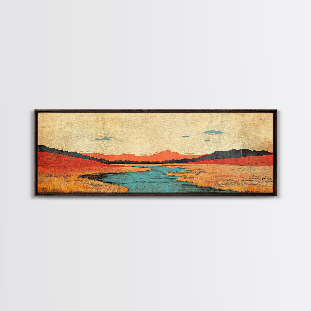 Red Grass Valley River Landscape Canvas Print, Modern Southwestern Wall Art, Wide Horizontal Nature Decor For Living Room