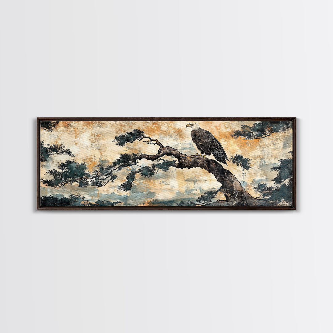 Eagle Pine Branch Wall Art, Japanese Bird Print, Panoramic Wildlife Canvas, Nature Inspired Decor, Office Living Room Art