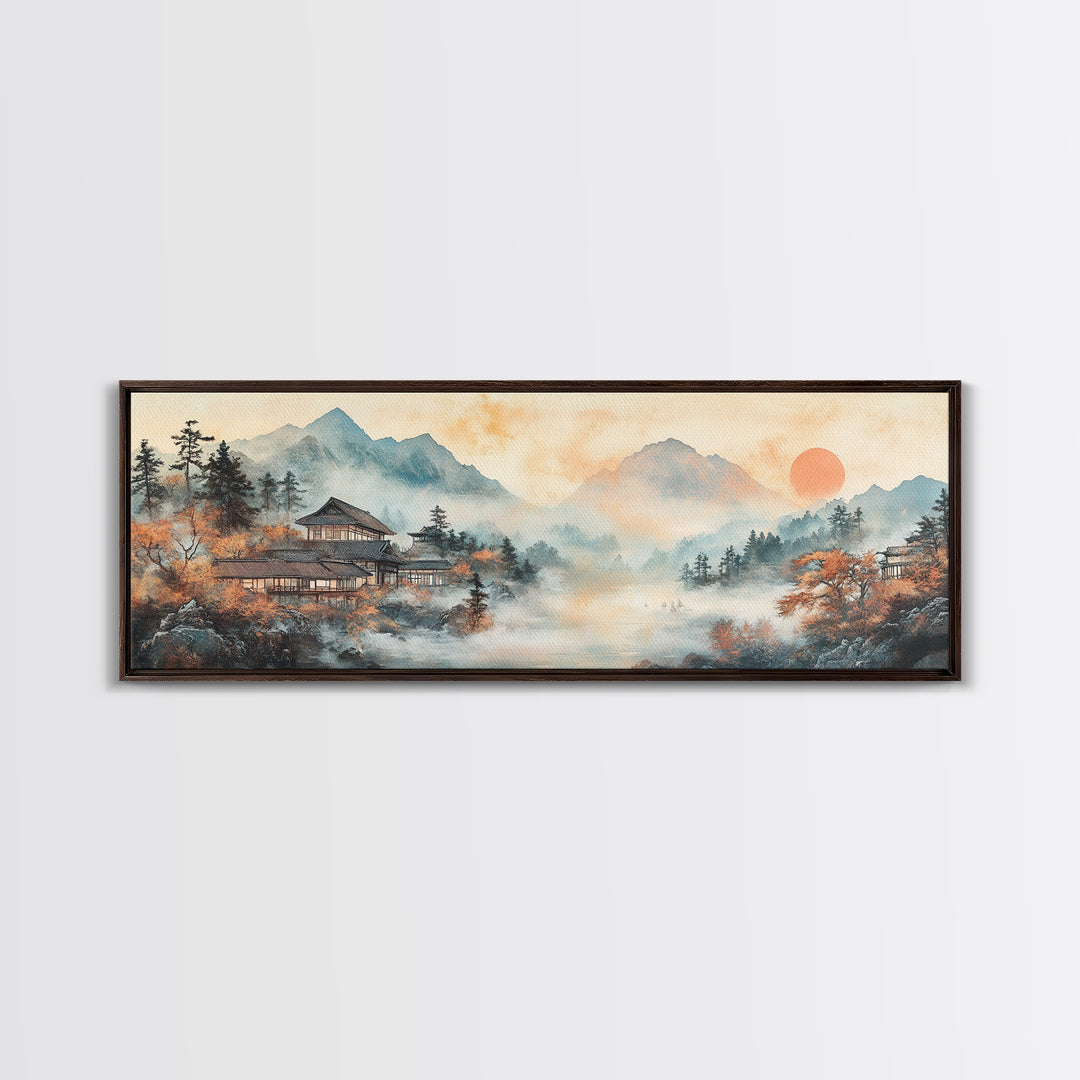Misty Mountain Temple Framed Canvas Print, Japanese Landscape Art, Zen Lake Wall Decor, Panoramic Living Room Decor Gift